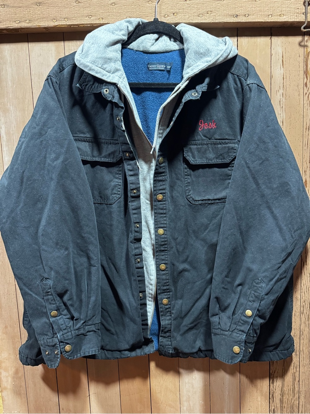 Black Men’s Field Jacket with Gray Hood and Blue Liner